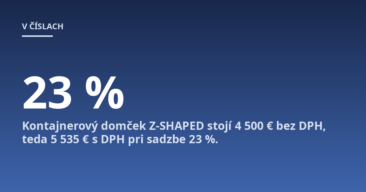 Kontajnerový domček Z-SHAPED stojí 4 500 € bez DPH, teda 5 535 € s DPH pri sadzbe 23 %.
